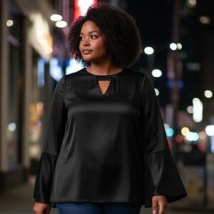 Ellos 12 Black Blouse Shirt Popover Satin Split Bell Sleeves Peep Keyhole Button